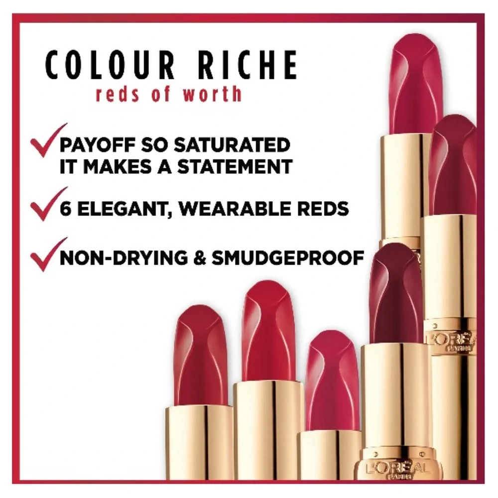 L'Oreal Paris Colour Riche Reds of Worth Satin Lipstick, (#185 Prosperous Red)